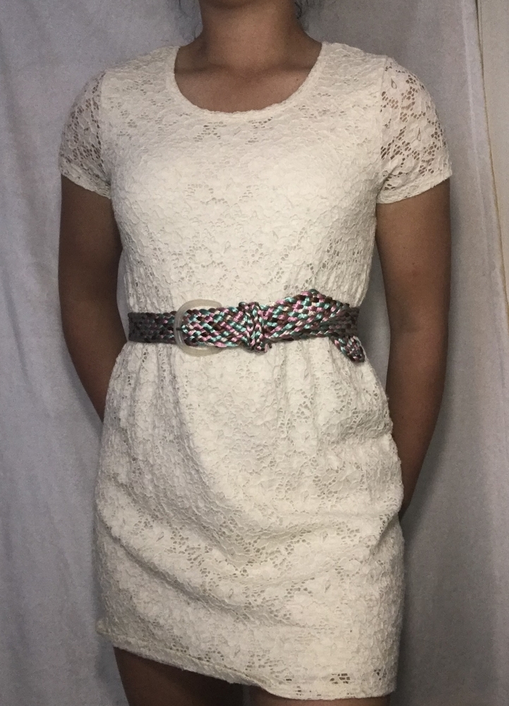cream short dress with belt